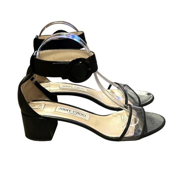 Jimmy Choo 7 Jaimie Leather Sandals Transparent PVC Strap Low Block Heels Black - Picture 4 of 9